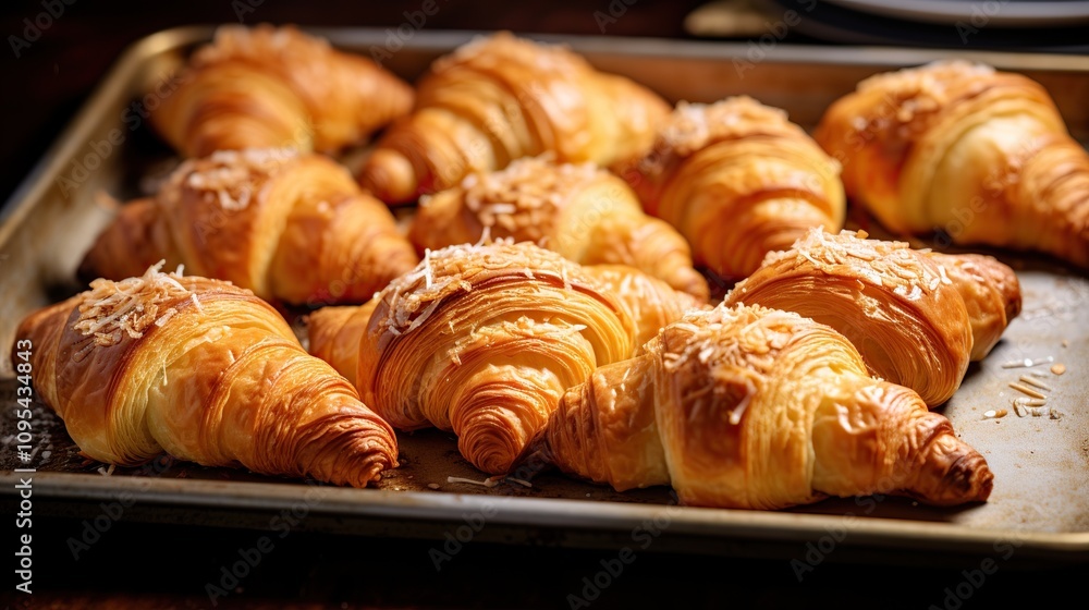 Several golden brown croissants on a dark pan Several golden brown croissants on a dark pan