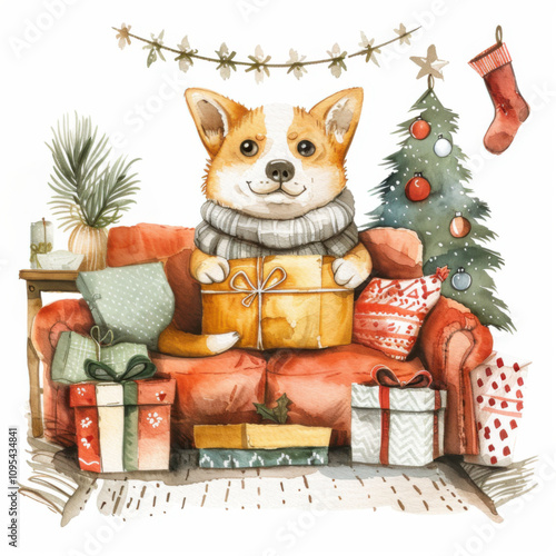 Cute dog with Christmas gift box. Cosy Christmas atmosphere on a background. Watercolor illustration. White background.