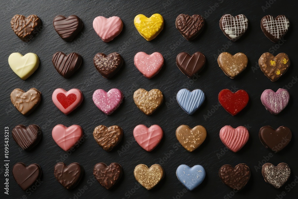 An elegant display of heart-shaped chocolates, each with a unique, colorful design, set against a black slate background. An elegant display of heart-shaped chocolates, each with a unique, colorful design, set against a black slate background.
