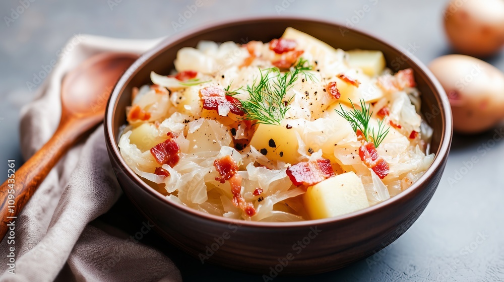 vibrant bowl of sauerkraut soup with caramelized onions, bacon bits, and soft potato chunks, garnished with dill and black pepper, accompanied by a wooden spoon and linen napkin vibrant bowl of sauerkraut soup with caramelized onions, bacon bits, and soft potato chunks, garnished with dill and black pepper, accompanied by a wooden spoon and linen napkin