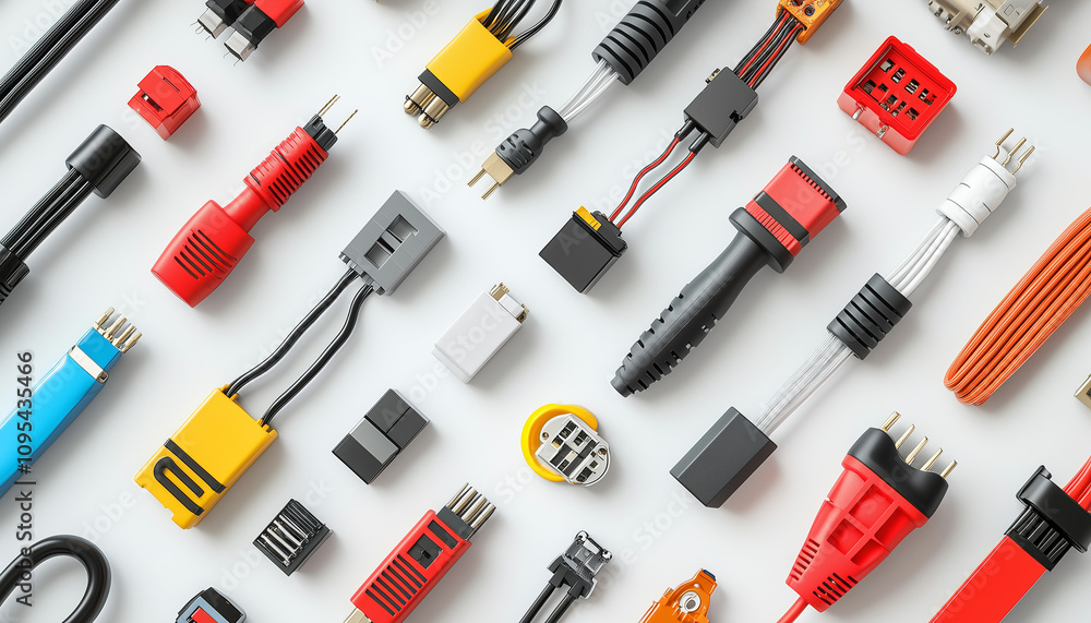 great number of yellow red and blue connectors on white background great number of yellow red and blue connectors on white background
