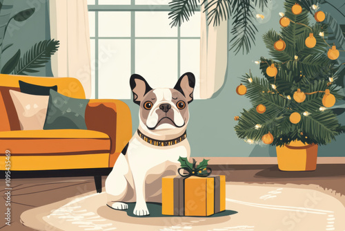 Cute dog with Christmas gift box. Cosy Christmas atmosphere on a background. Modern illustration.