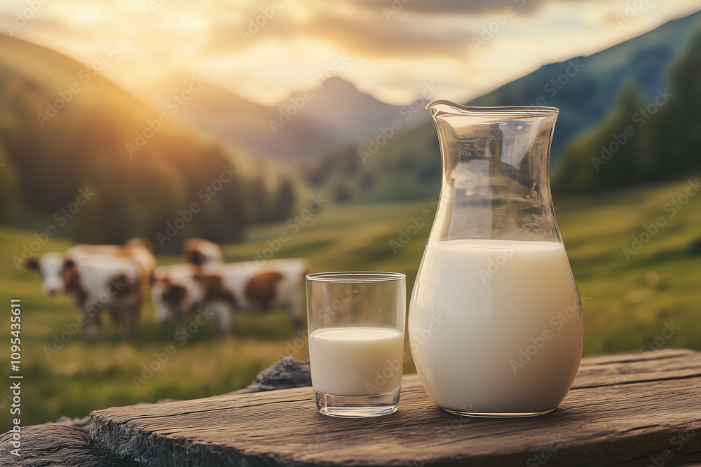 Glass carafe full of wholesome cow milk against nature mountain background with cows on rustic wooden table, dairy product production. Glass carafe full of wholesome cow milk against nature mountain background with cows on rustic wooden table, dairy product production.