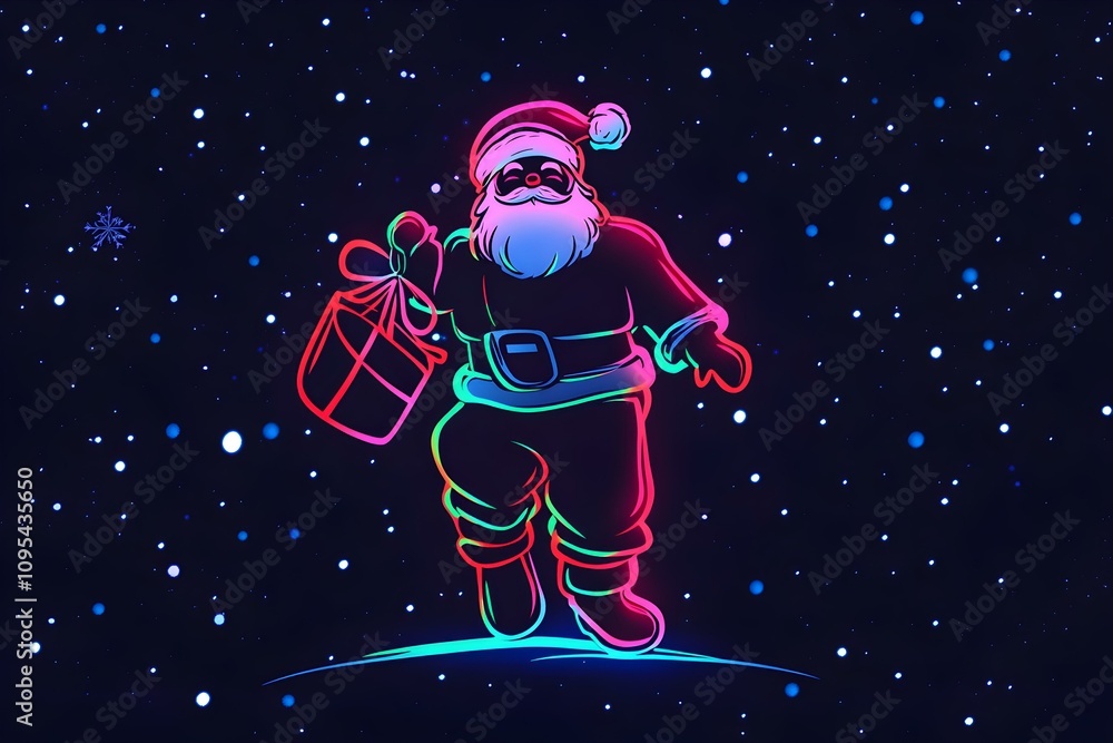 An engaging 3D illustration of Santa Claus in neon silhouette, holding a bag of gifts on a snowy night, isolated on a black background. An engaging 3D illustration of Santa Claus in neon silhouette, holding a bag of gifts on a snowy night, isolated on a black background.