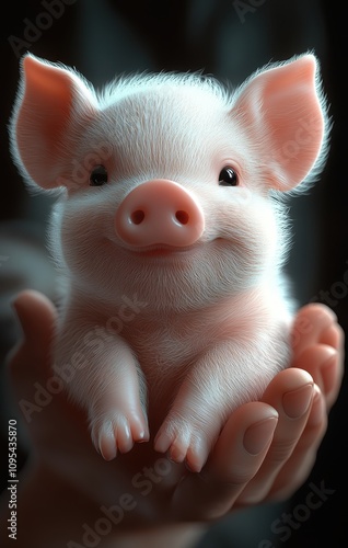 Smiling piglet held in caring hands	