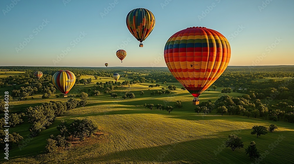 Obraz premium Colorful hot air balloons float over a grassy landscape with trees.