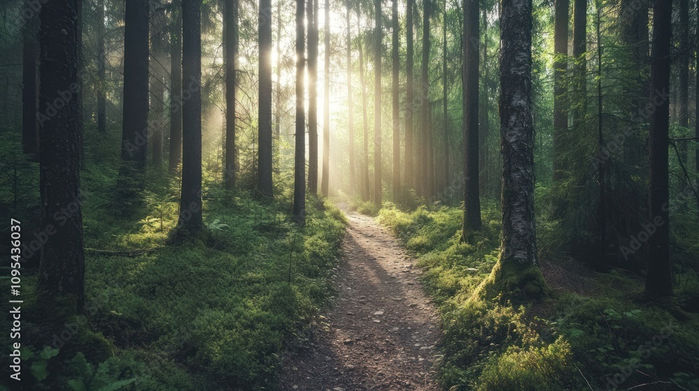 Fototapeta premium Sunlit Path Through a Dense Forest