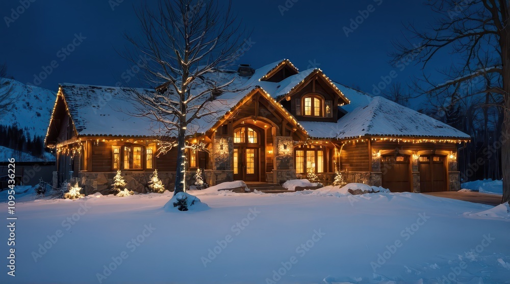 Christmas house decorated with lights for the New Year holidays on a winter landscape with snow Christmas house decorated with lights for the New Year holidays on a winter landscape with snow
