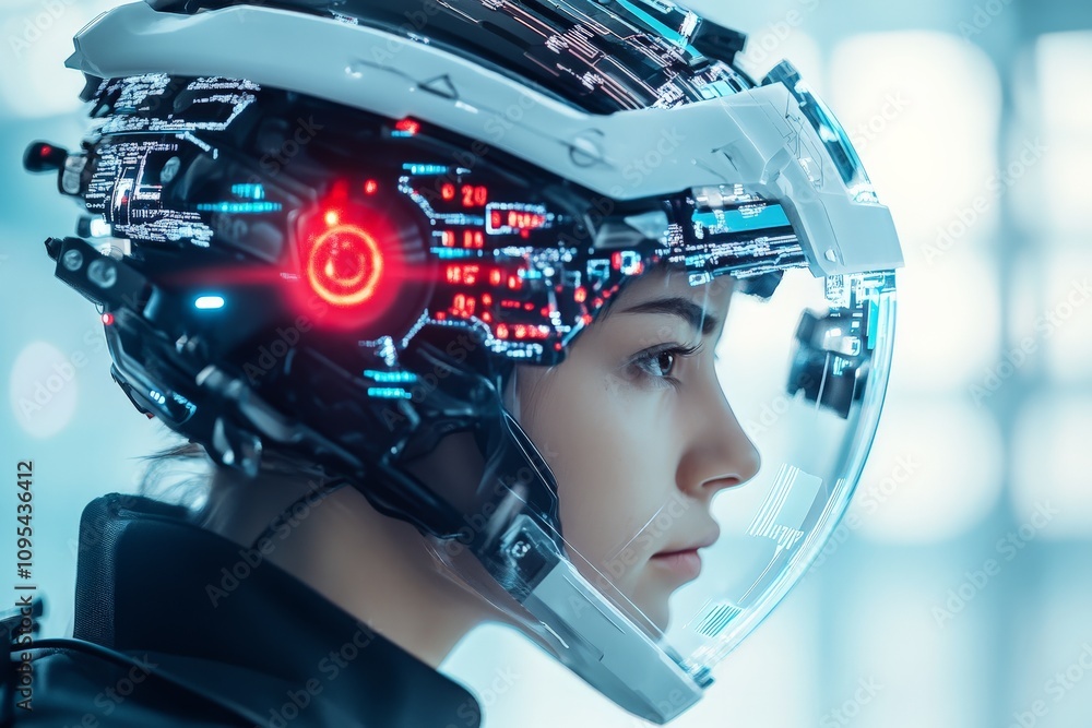 A profile view of a woman with an advanced helmet, showcasing integrated technology and holographic displays, embodying futuristic innovation and cyber technology. A profile view of a woman with an advanced helmet, showcasing integrated technology and holographic displays, embodying futuristic innovation and cyber technology.