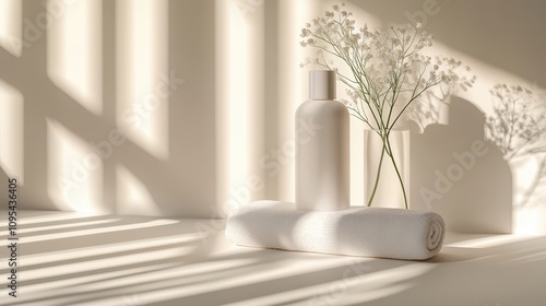 Wallpaper Mural Skincare bottle with towel and flowers	 Torontodigital.ca