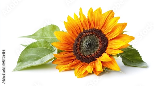 Wallpaper Mural A bright orange sunflower with green leaves lies on a white background. Torontodigital.ca