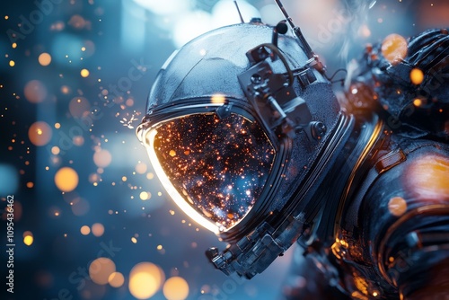 An astronaut in reflective gear navigates through a dazzling, fiery array of particles, evoking a sense of wonder and exploring the universe's infinite mysteries. photo