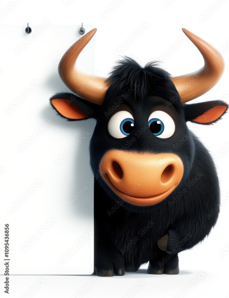 Naklejka premium Cartoon bull peeking behind blank sign 
