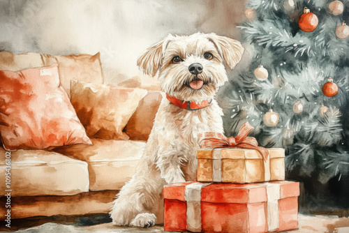 Cute dog with Christmas gift box. Cosy Christmas atmosphere on a background. Watercolor illustration.