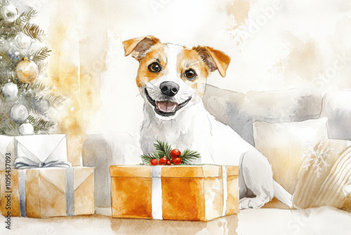 Cute dog with Christmas gift box. Cosy Christmas atmosphere on a background. Watercolor illustration.