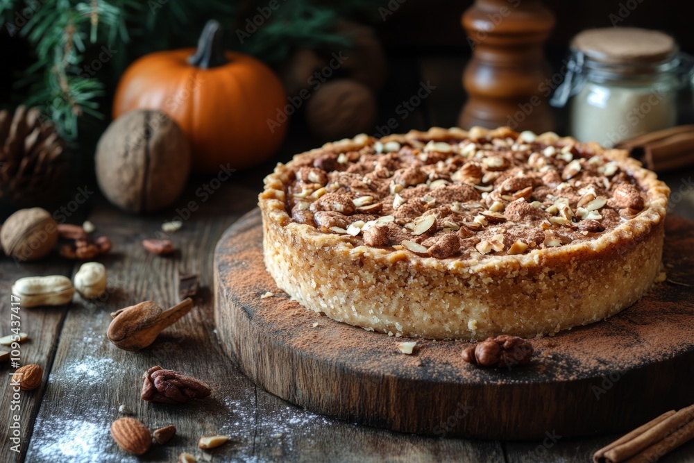 Freshly baked pumpkin pie with nuts and spices rests on a wooden serving board, creating a cozy autumnal scene Freshly baked pumpkin pie with nuts and spices rests on a wooden serving board, creating a cozy autumnal scene