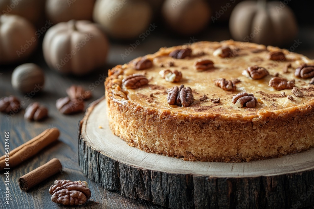 Round pumpkin cheesecake with pecan nuts and cinnamon on wooden rustic background with pumpkins Round pumpkin cheesecake with pecan nuts and cinnamon on wooden rustic background with pumpkins