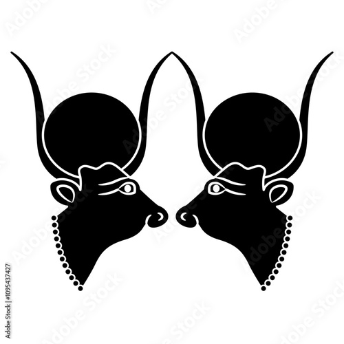 Symmetrical animal design with two heads of ancient Egyptian sacred cow. Goddess Hesat or Hathor. Black and white silhouette