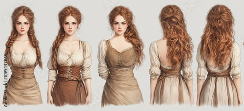 Historical costume fashion concept art with detailed medieval dresses and hairstyles photo