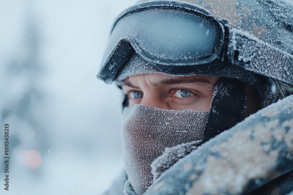 Close-up of an explorer with frost-covered face and goggles, demonstrating resilience and courage amidst a harsh, snowy wilderness, embodying a spirit of adventure. Close-up of an explorer with frost-covered face and goggles, demonstrating resilience and courage amidst a harsh, snowy wilderness, embodying a spirit of adventure.