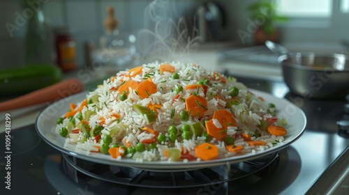 Vibrant rice and colorful vegetables on a red and white electric stove with carrots and peas photo