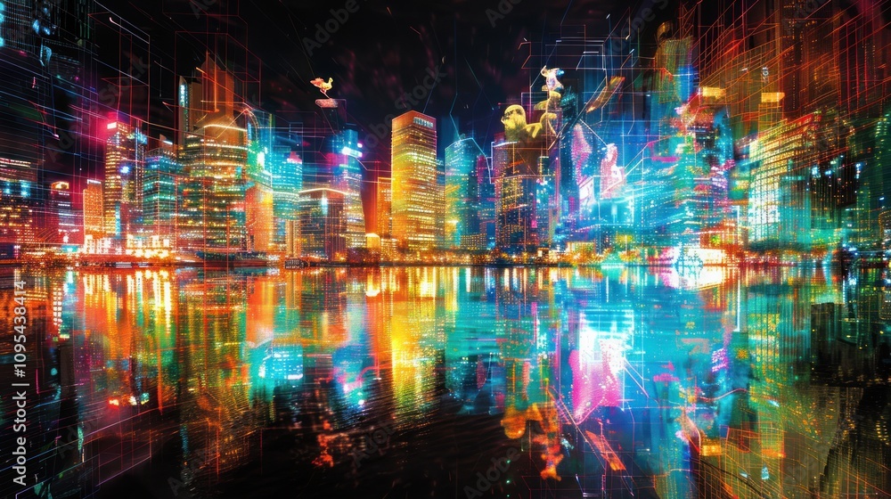 Fototapeta premium A vibrant city skyline illuminated by colorful lights reflecting on water at night.
