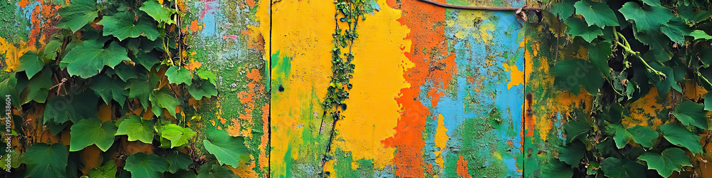 A vivid abstract painting adorns a weathered barn wall, surrounded by lush greenery. A vivid abstract painting adorns a weathered barn wall, surrounded by lush greenery.