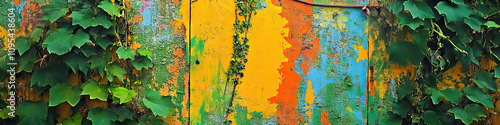 A vivid abstract painting adorns a weathered barn wall, surrounded by lush greenery. photo