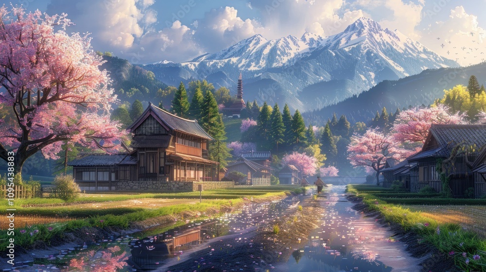 Fototapeta premium Serene landscape featuring traditional houses, cherry blossoms, and majestic mountains.
