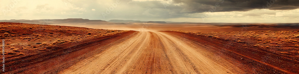Close-up shot of a dusty, red earth road winding its way through a desolate landscape, leading to an indistinct horizon. Close-up shot of a dusty, red earth road winding its way through a desolate landscape, leading to an indistinct horizon.