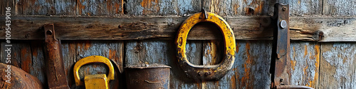 A collection of old, rustic tools lean against an aged barn wall, their weathered surfaces telling stories of past labor and lives. photo