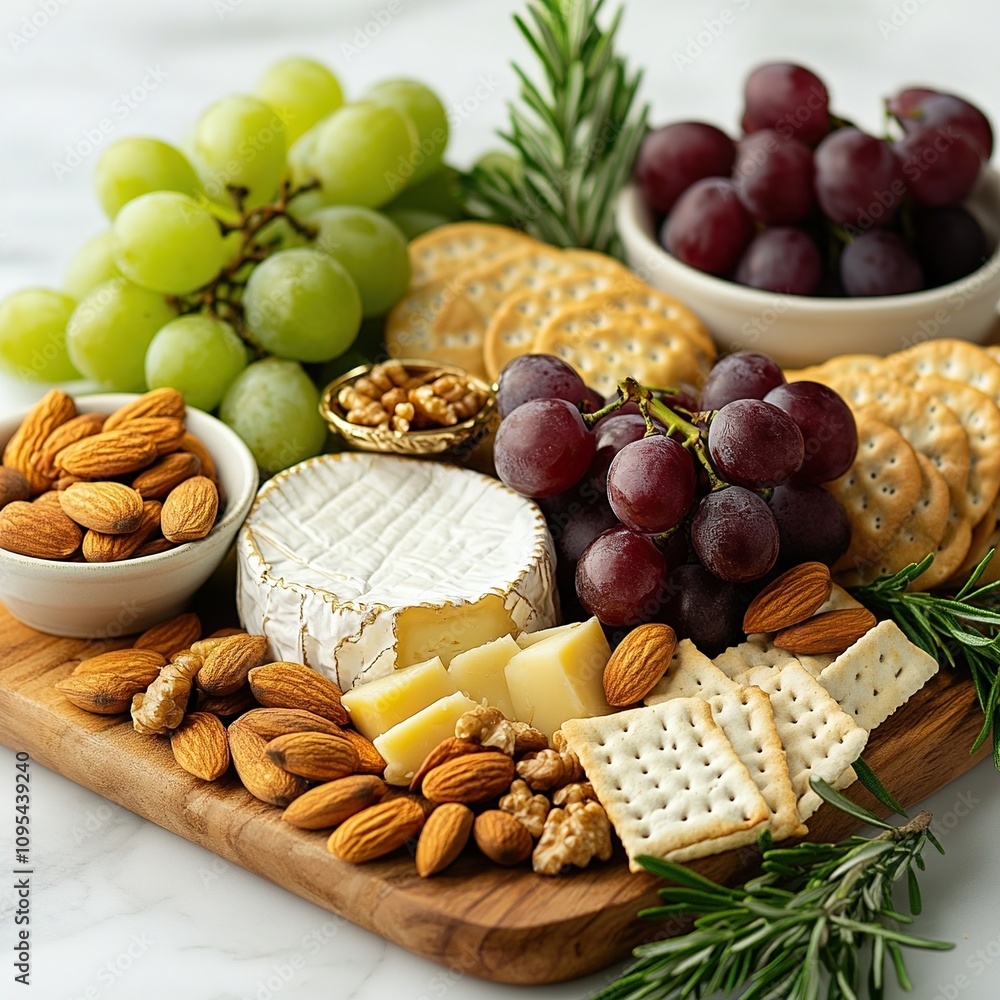 A wooden board with cheese grapes almonds and crackers. A wooden board with cheese grapes almonds and crackers.