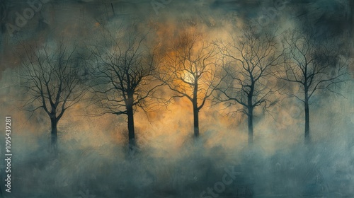 A haunting landscape featuring bare trees silhouetted against a misty, glowing background.