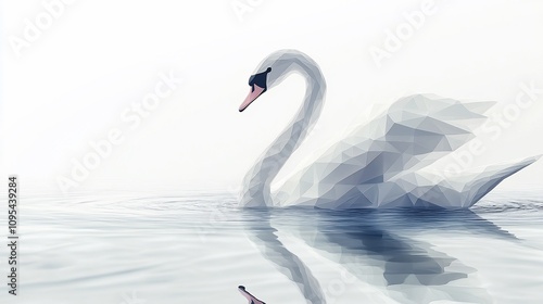 Low poly swan floats on calm water, reflecting in glassy surface. photo