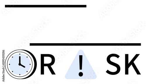 Clock, text RISK split by a triangle with exclamation mark, and parallel lines. Ideal for time management, decision-making, business strategies, risk assessment, project planning, prioritization