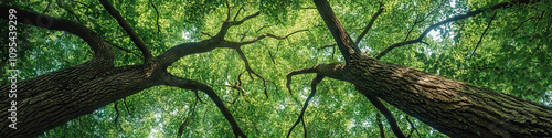 A dense forest is home to towering trees, their branches reaching skywards, intertwining to create a natural canopy of green. photo