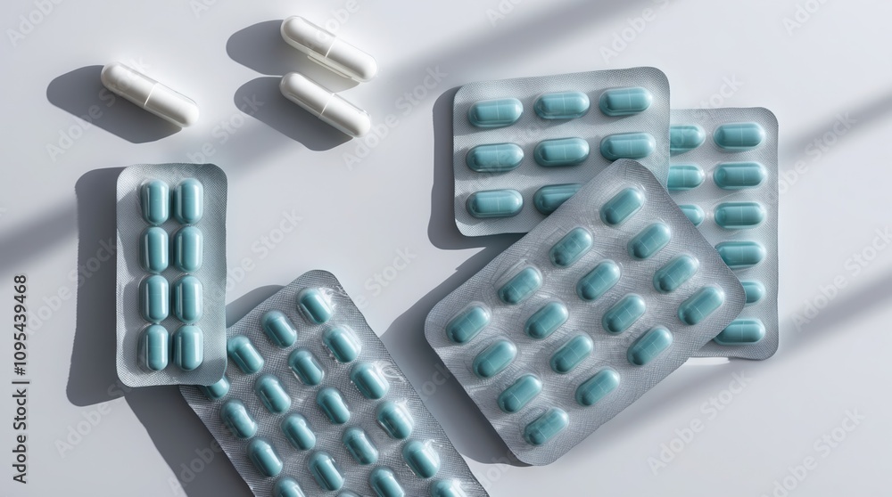 Scattered teal and white capsules on light background, highlighting blister packs with multiple tablets arranged neatly, creating a clean and clinical mood. Scattered teal and white capsules on light background, highlighting blister packs with multiple tablets arranged neatly, creating a clean and clinical mood.