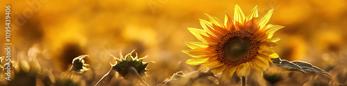 A solitary sunflower stands tall amidst a field of its kin, its golden petals basking in the warm sunlight. photo