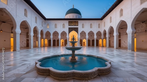 Tranquil courtyard with a central fountain, adorned with arches and intricate tile work, illuminated by soft evening light.