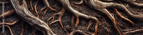 Close-up shot of intricate root systems, twisting and turning through the soil, creating a natural abstract pattern.