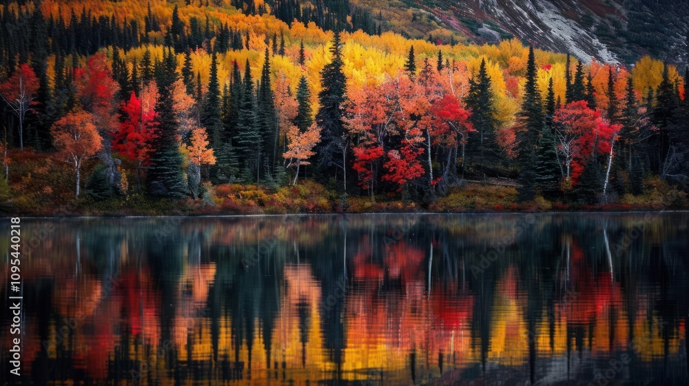 Obraz premium A serene landscape showcasing vibrant autumn foliage reflected in a calm lake.