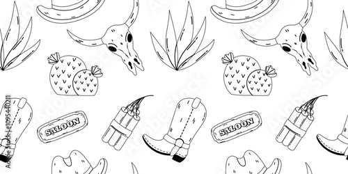 Black and white seamless pattern featuring Wild West motifs, including cowboy boots, cacti, and saloon signs.