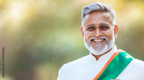 Senior Indian man smiling, wearing traditional attire, symbolizing wisdom and culture.