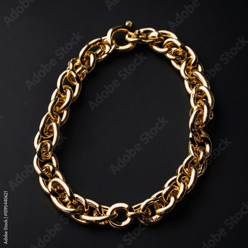 A chunky gold chain bracelet displayed against a glossy black background.