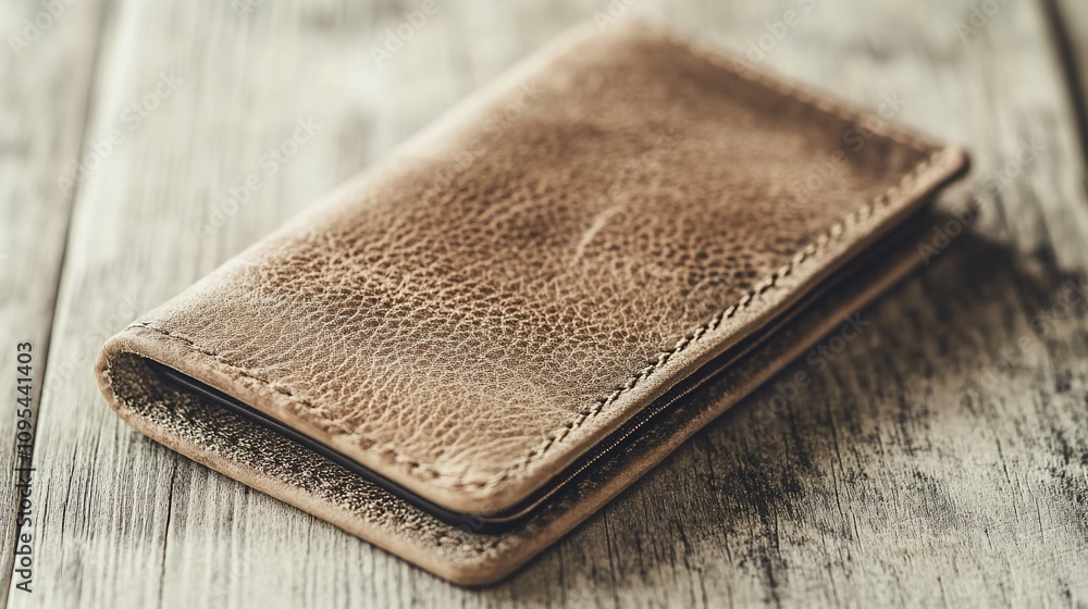 Rustic light brown leather wallet on wood. Rustic light brown leather wallet on wood.