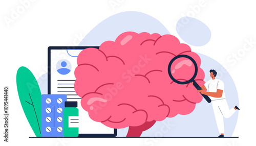 Nervous system concept. Doctor check up human brain organ. Neurology disease, healthcare, treatment. Isolated vector illustration in cartoon style