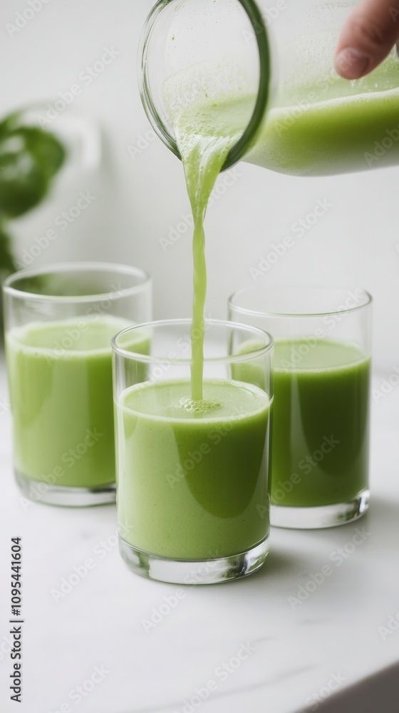 Celery juice being poured into three transparent glasses on a light background in a high-resolution setting Celery juice being poured into three transparent glasses on a light background in a high-resolution setting