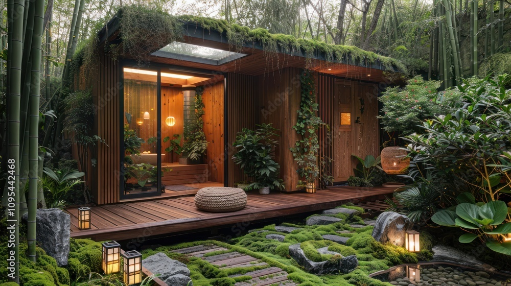 A serene wooden cabin surrounded by lush greenery and soft lighting in a tranquil garden. A serene wooden cabin surrounded by lush greenery and soft lighting in a tranquil garden.