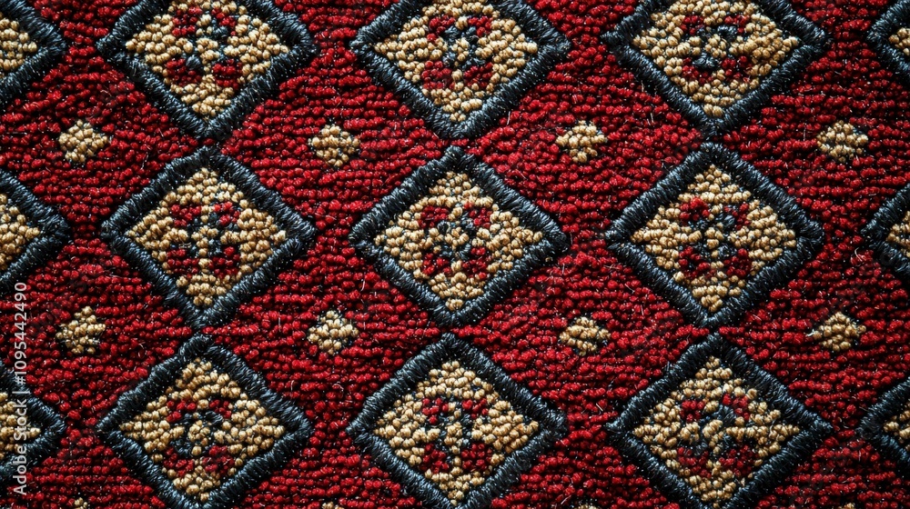 The image depicts a deep red carpet with an intricate geometric pattern, characterized by diamond shapes and accentuated with golden-brown and black colors, creating a rich texture. The image depicts a deep red carpet with an intricate geometric pattern, characterized by diamond shapes and accentuated with golden-brown and black colors, creating a rich texture.