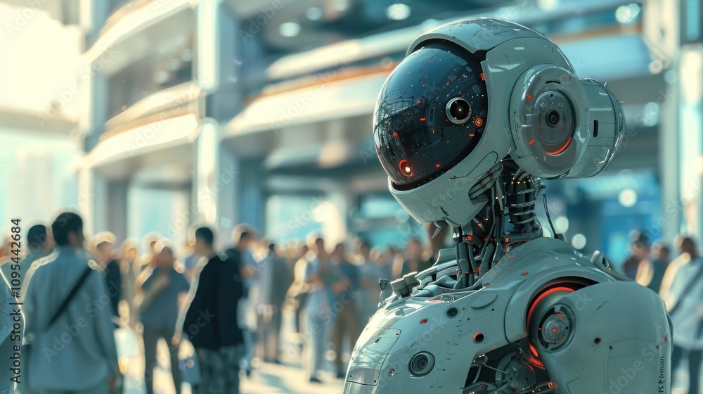 Futuristic robot in city crowd. Futuristic robot in city crowd.